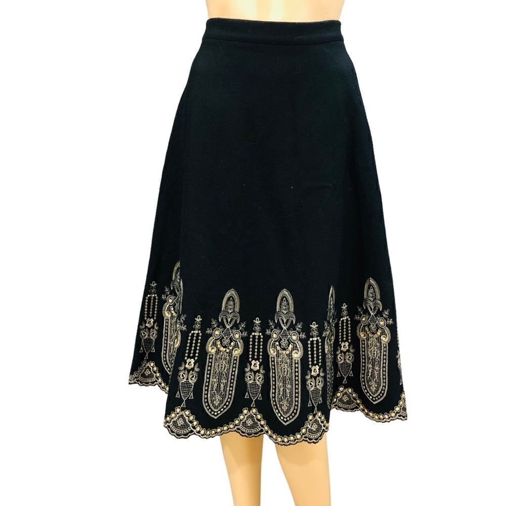 Vintage Joy London Skirt 100% Wool Embroidered Sequins Full Lining